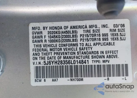 2006 Honda Element Lx z USA, uszkodzony, nr VIN 5J6YH28356L014841
